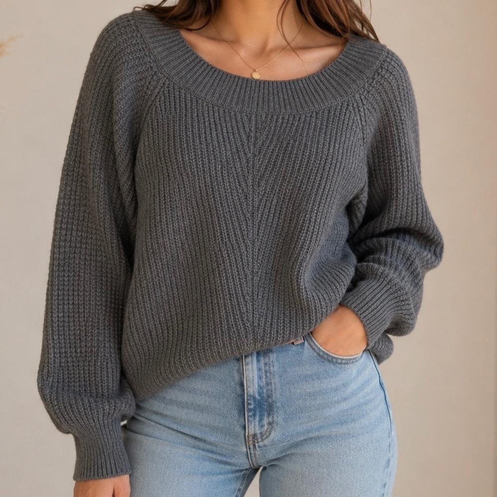 LOFT‎ Cozy Charcoal Ribbed Knit Sweater Women's Size Large Relaxed Fit